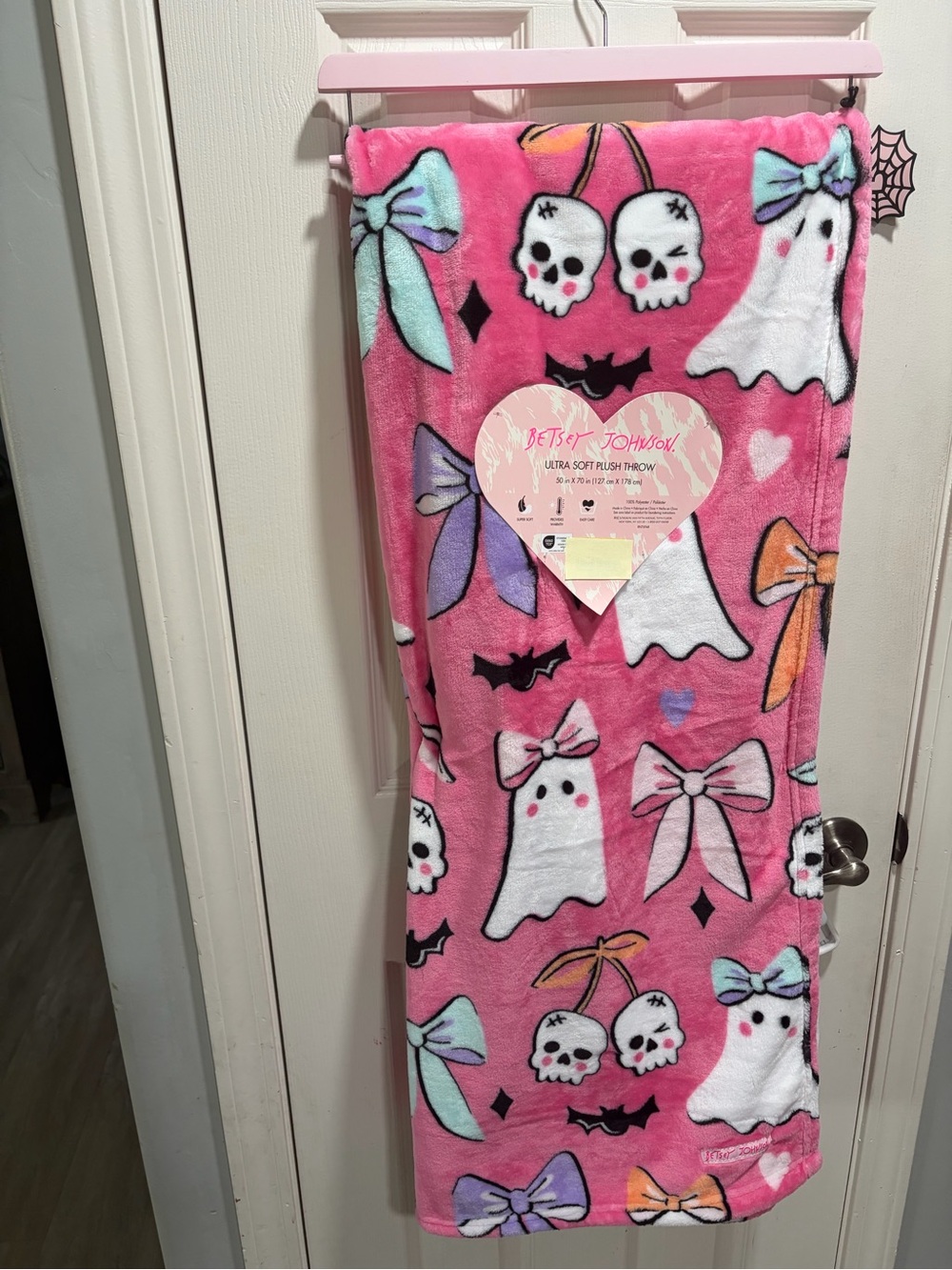 Betsey Johnson Pink Plush Throw Blanket with Ghosts, Skulls & Bows
